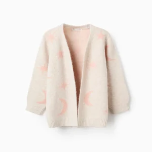 Chaqueta larga de punto con lúrex y bordado. Niña, beige/rosa