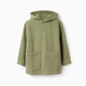 Camisa de algodón de manga larga con capucha. Niño, verde caqui