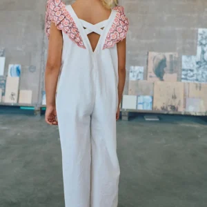 Mono de algodón pierna ancha con volantes. Niña, blanco/rosa