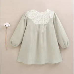 Vestido muselina verde detalle flora cuello