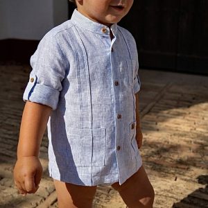 Camisa Guayabera Lino Rayas Azul Niño