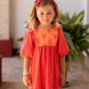 Vestido Niña Vichy Rojo con Estampado Geométrico