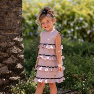 Vestido Niña Rosa Empolvado Volantes con Piqué Negro