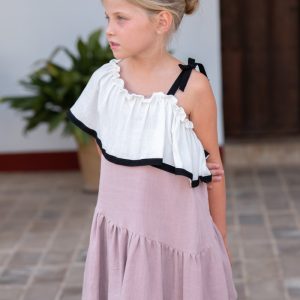 Vestido Asimétrico Niña Lino Rosa y Blanco con Lazo Negro