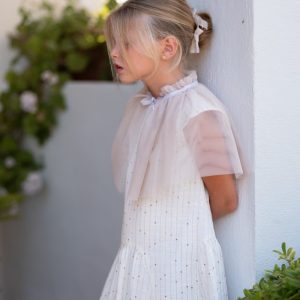 Vestido Niña con Capa de Tul Beige y Dorado