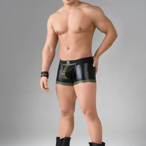 Enforce. Shot Belt Codpiece Trunk Shorts. Zipped Rear. Green Army + Black