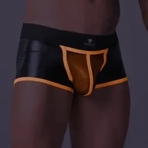 Youngero Trunks. Mesh Codpiece. Open Rear. Orange Neon